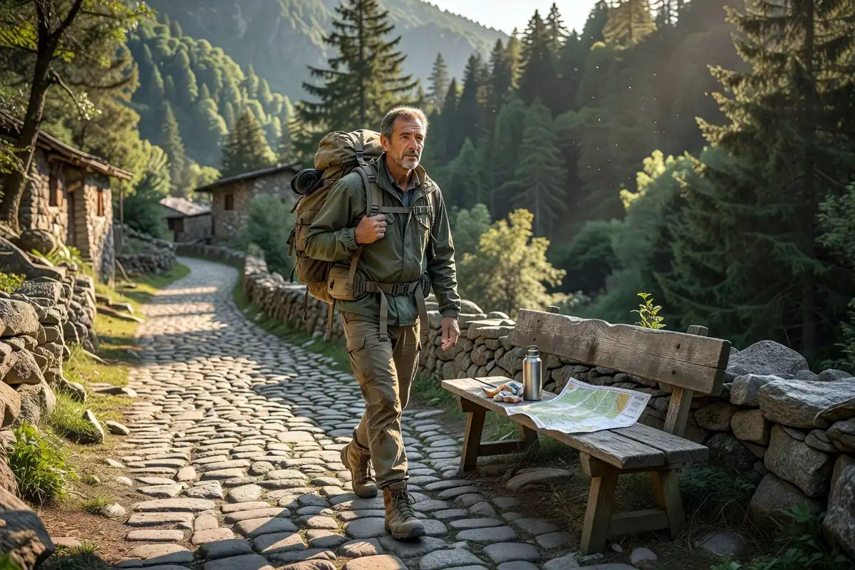 hiker walking a quiet village path with a backpack two days before a hiking trail