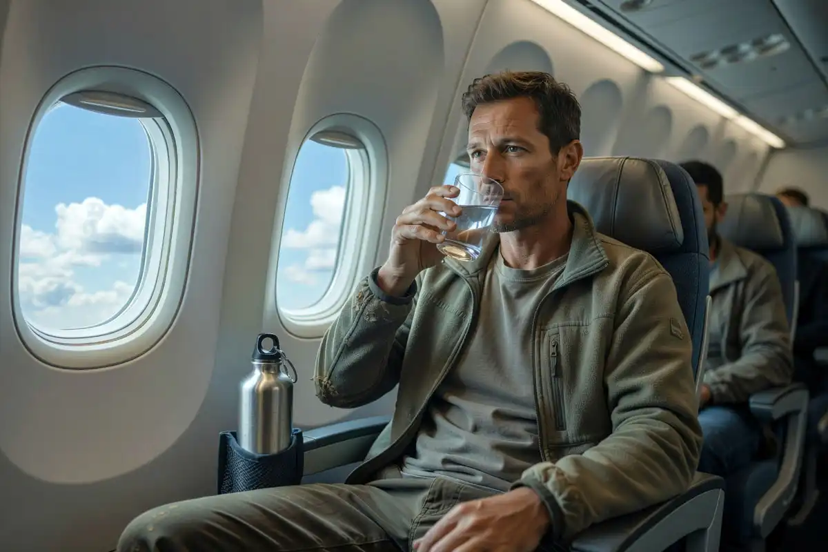 traveler drinking a glass of water in airplane seat with hiking bag in overhead compartment