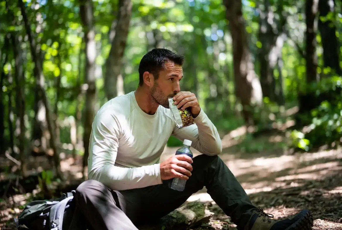hiker eating trail mix and drinking water during a scheduled rest break on a long hike