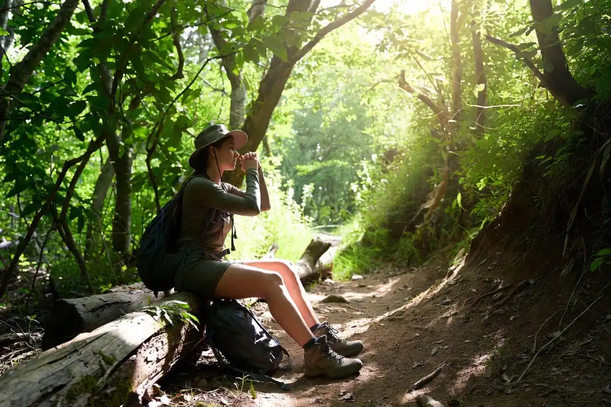 hiker sitting upright leaning slightly forward on trail during a nosebleed