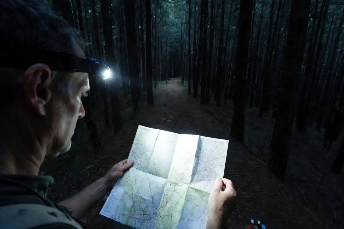 camper using headlamp to read a folded paper trail map while standing on a dark forest path