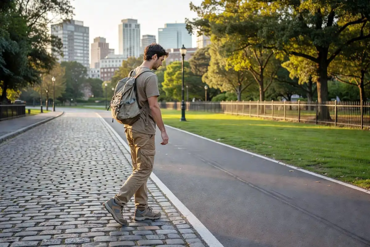 outdoor traveler in hiking shoes walking urban pedestrian path near park