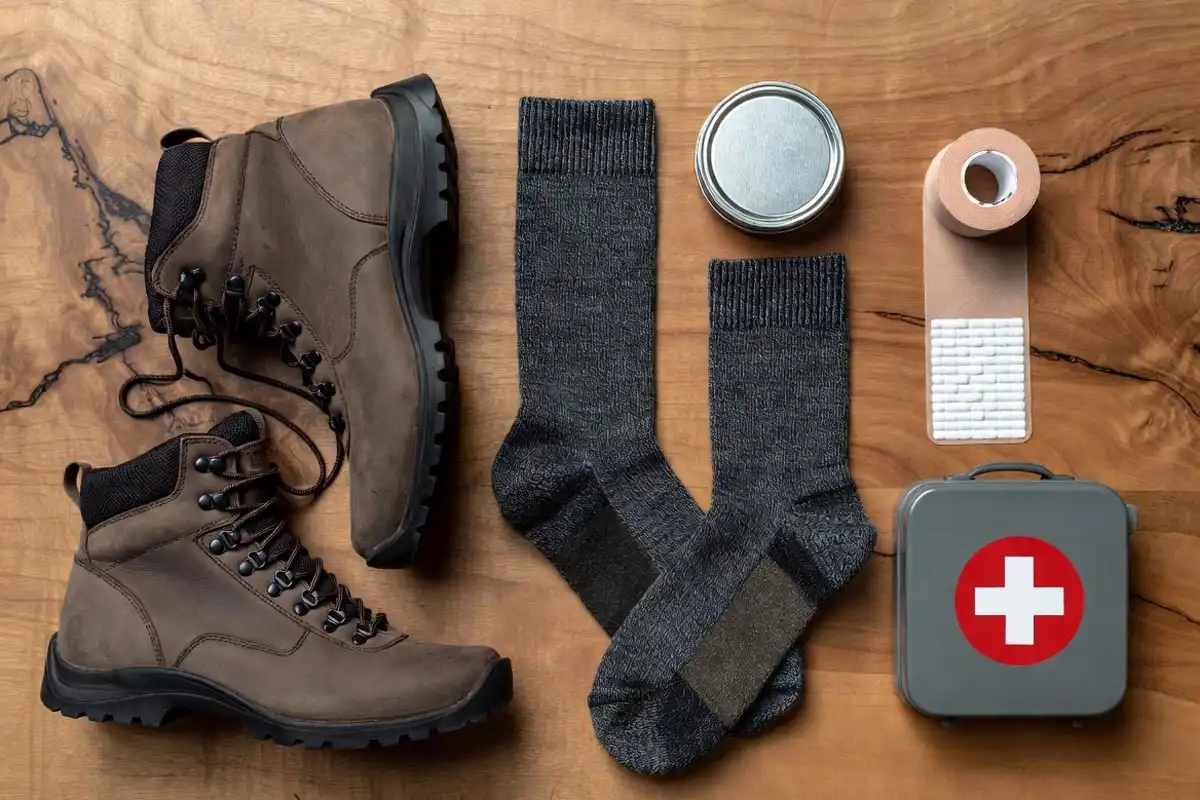 flat lay of hiking socks moleskin leather conditioner and trail boots