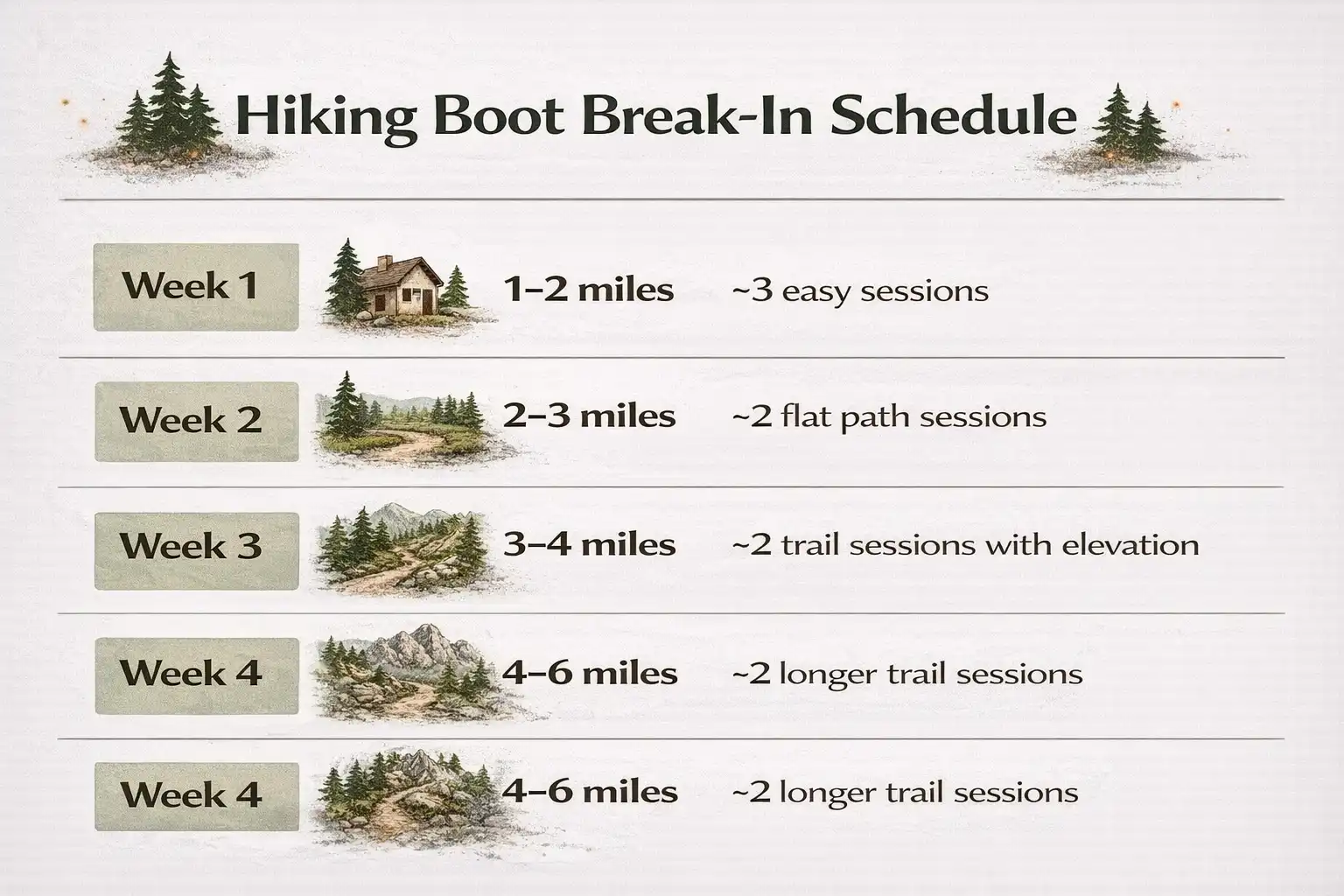 4 week hiking boot break in progress schedule infographic