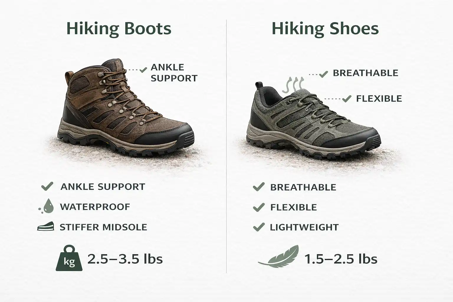 Visual comparison chart of hiking boots and hiking shoes features for beginners