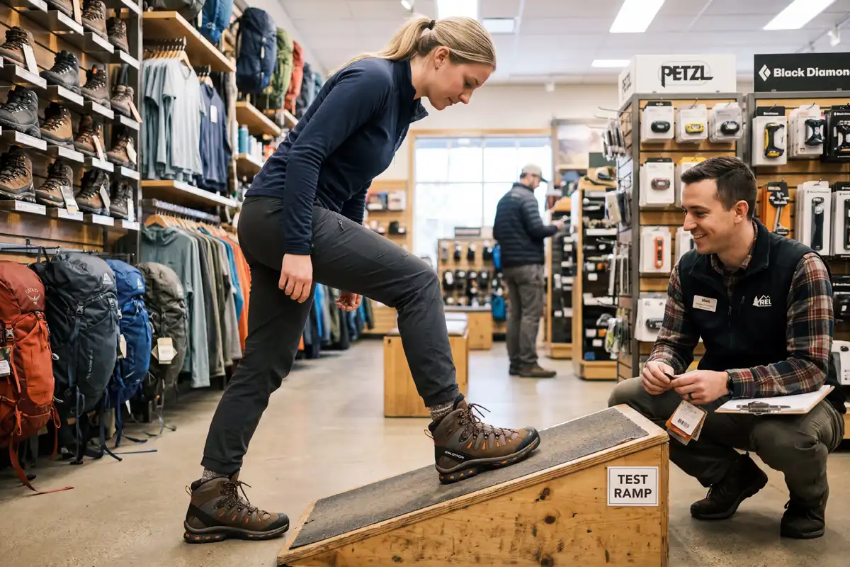 Person testing hiking shoe fit on incline ramp
