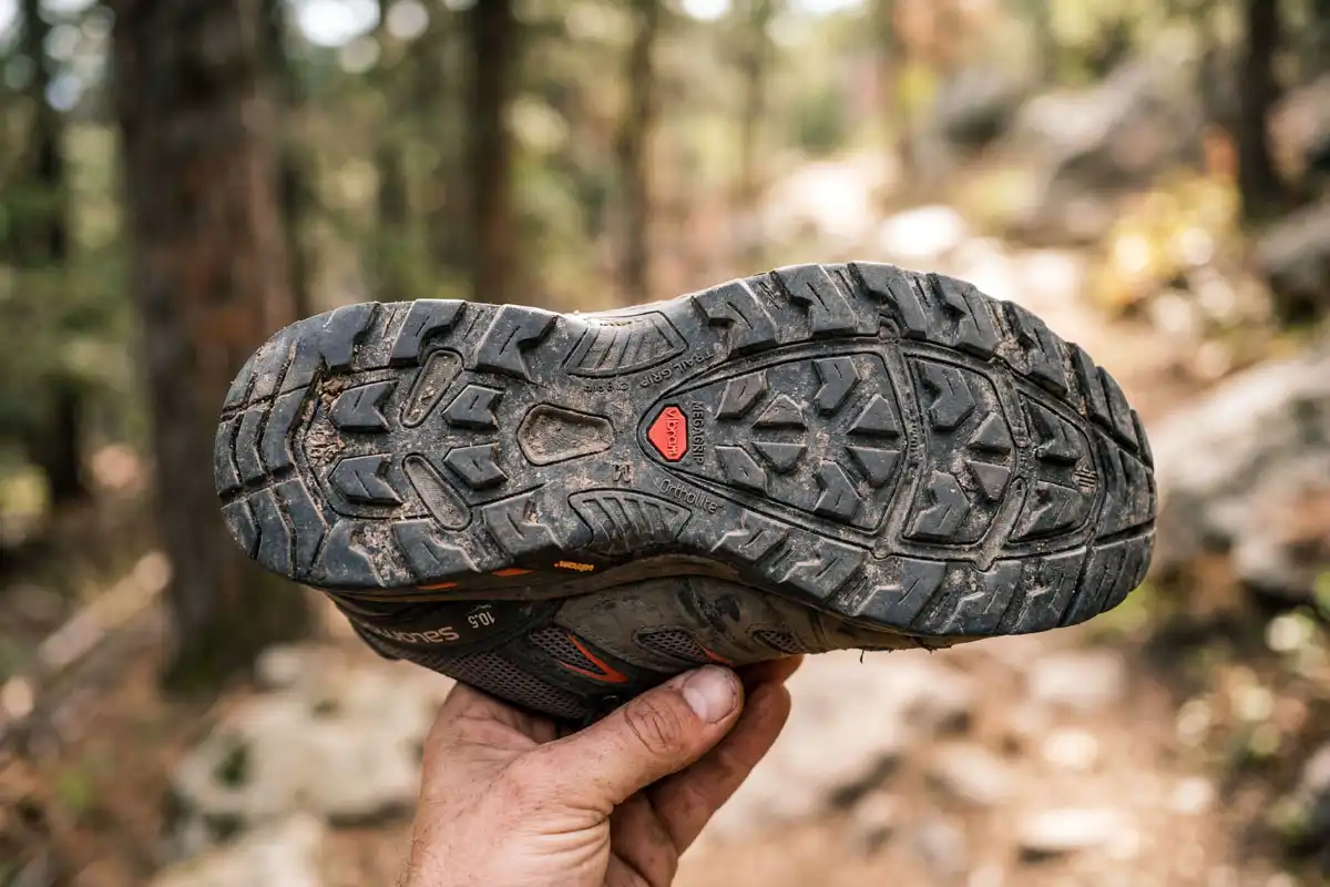 Vibram outsole deep lug pattern on hiking shoe