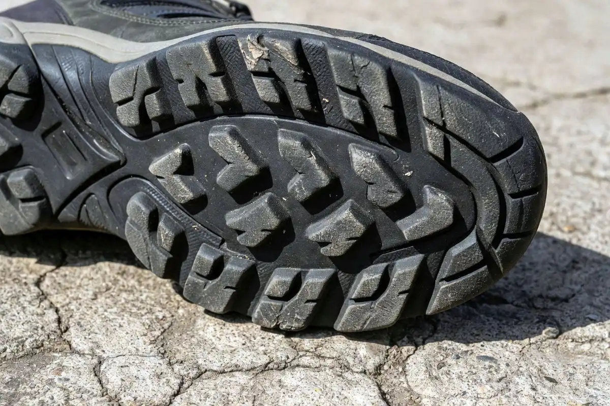 worn hiking shoe outsole lug tread after walking on concrete