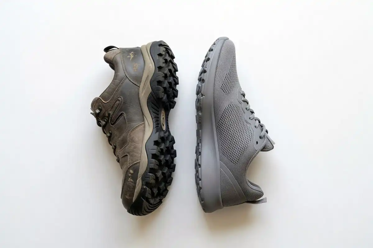 side by side comparison of hiking shoe and urban walking shoe outsoles
