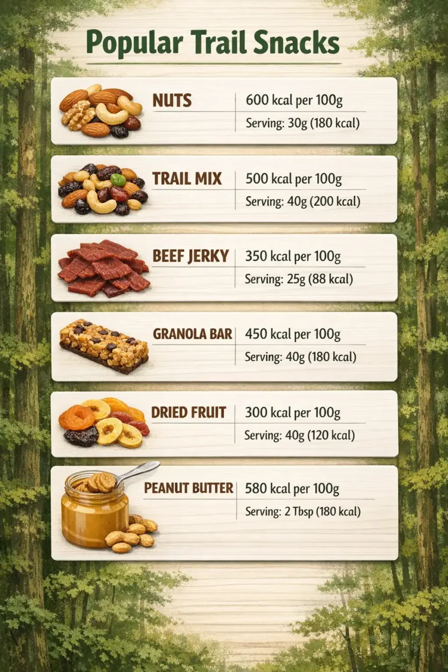infographic comparing calories per 100g for common trail snacks