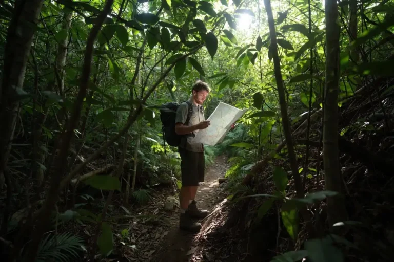 hiker studying a topographic map where trail fades into thick forest undergrowth