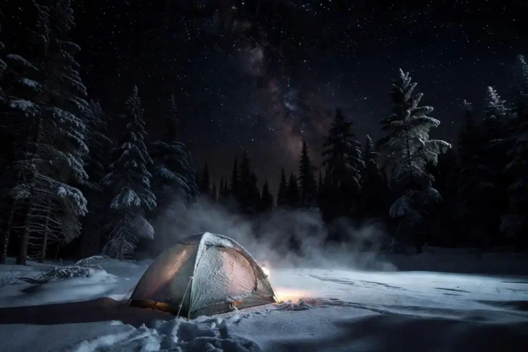 camper sleeping in frost covered tent on cold winter night