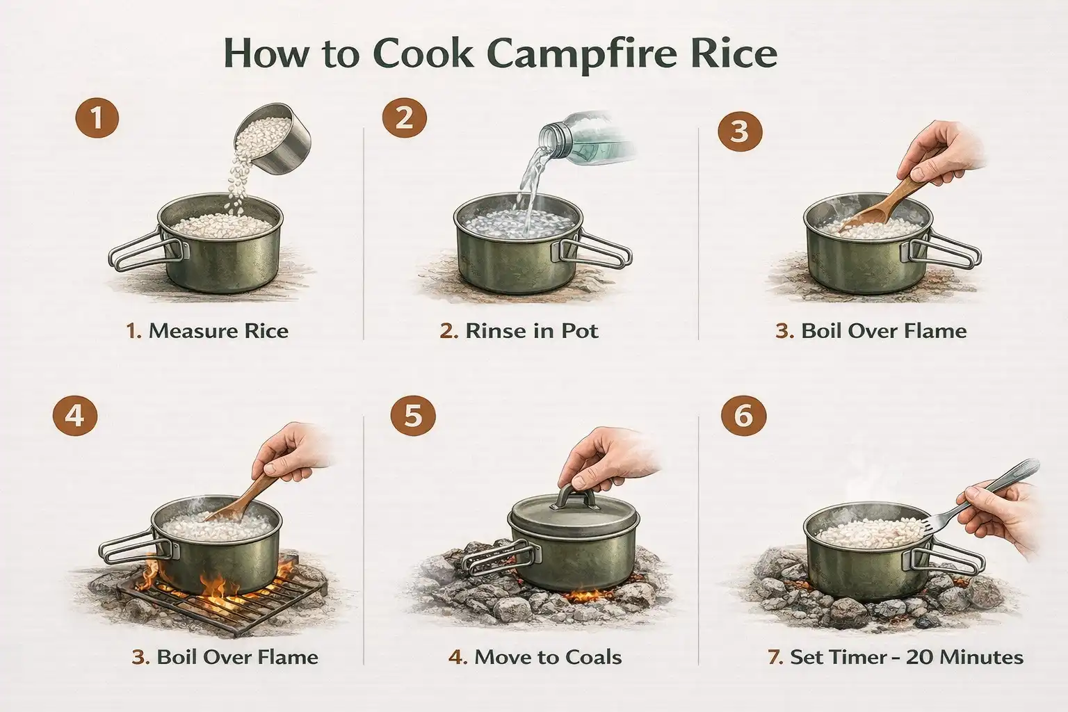 illustrated guide for cooking rice on campfire coals