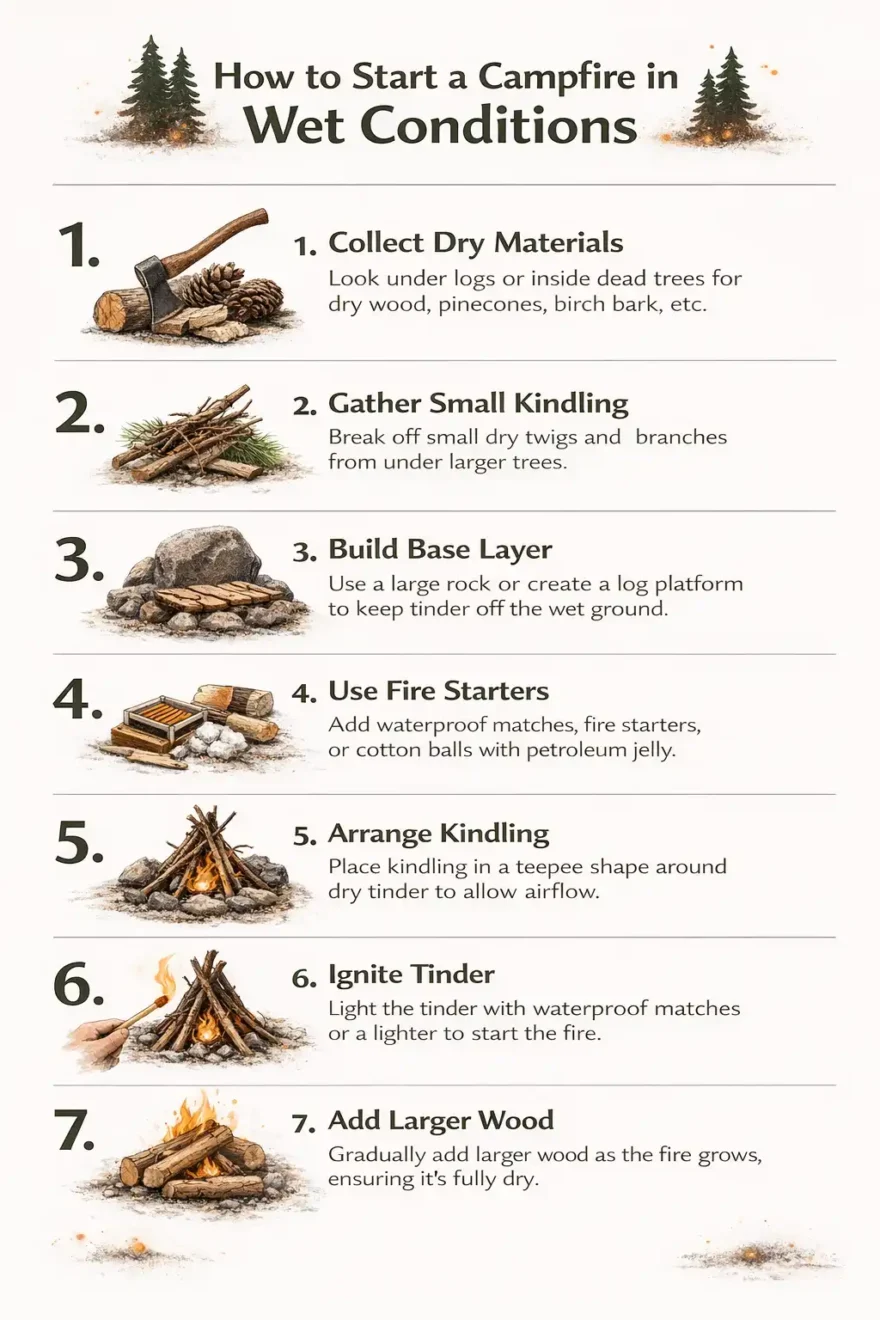 illustrated seven step guide to building a fire in rainy camping conditions
