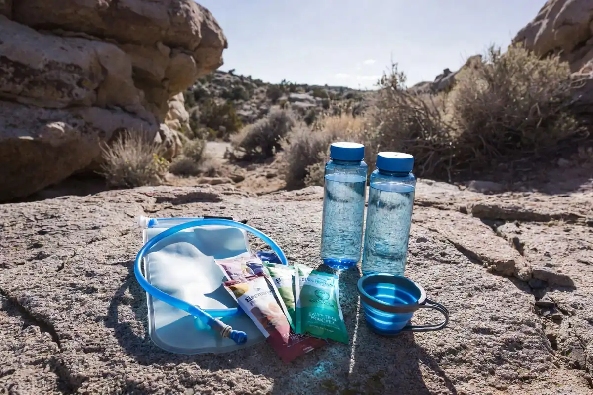 water and electrolyte supplies for a hot weather hike