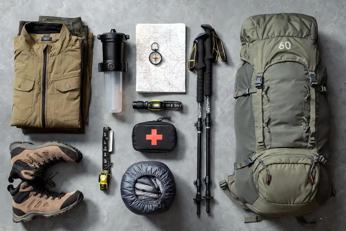 complete hiking gear laid out including boots sleeping bag water filter and navigation tools