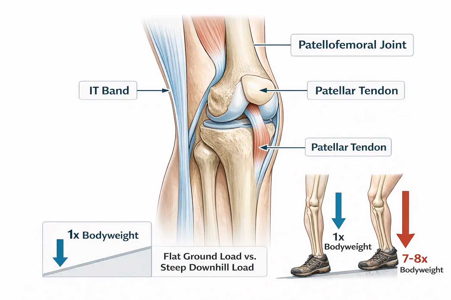 diagram of knee joint showing patellofemoral and IT band stress during descent