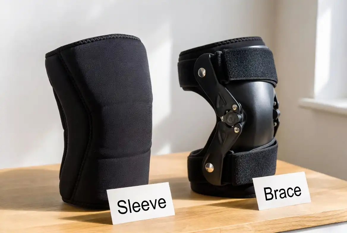 neoprene knee sleeve beside hinged knee brace side by side comparison