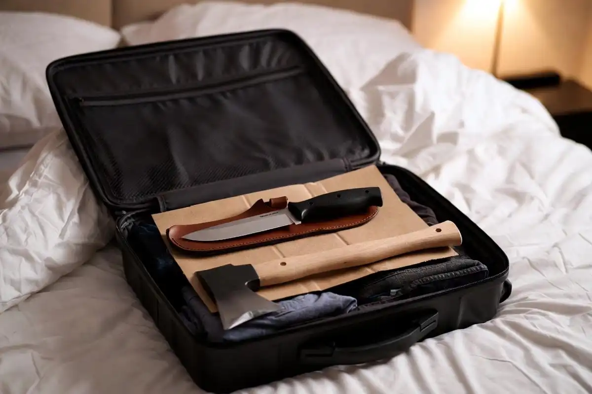  fixed blade knife and hatchet safely packed inside checked suitcase