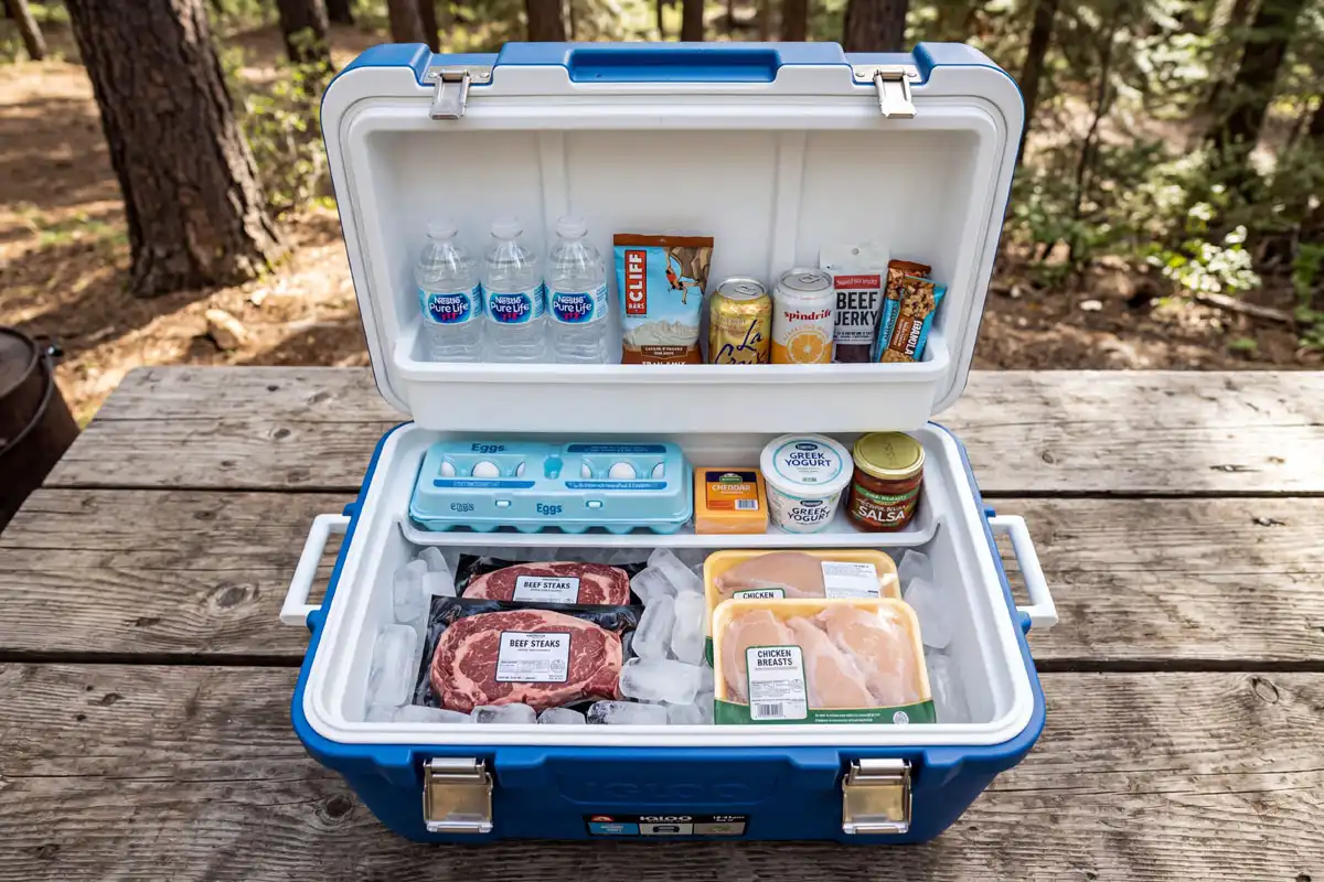 Packed camping cooler with ice and layered food containers