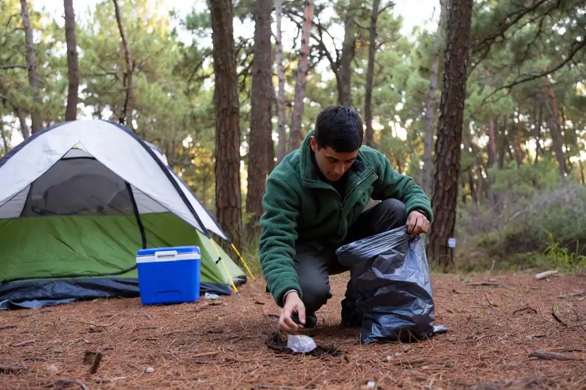 camper picking up trash and packing out waste at a forest campsite