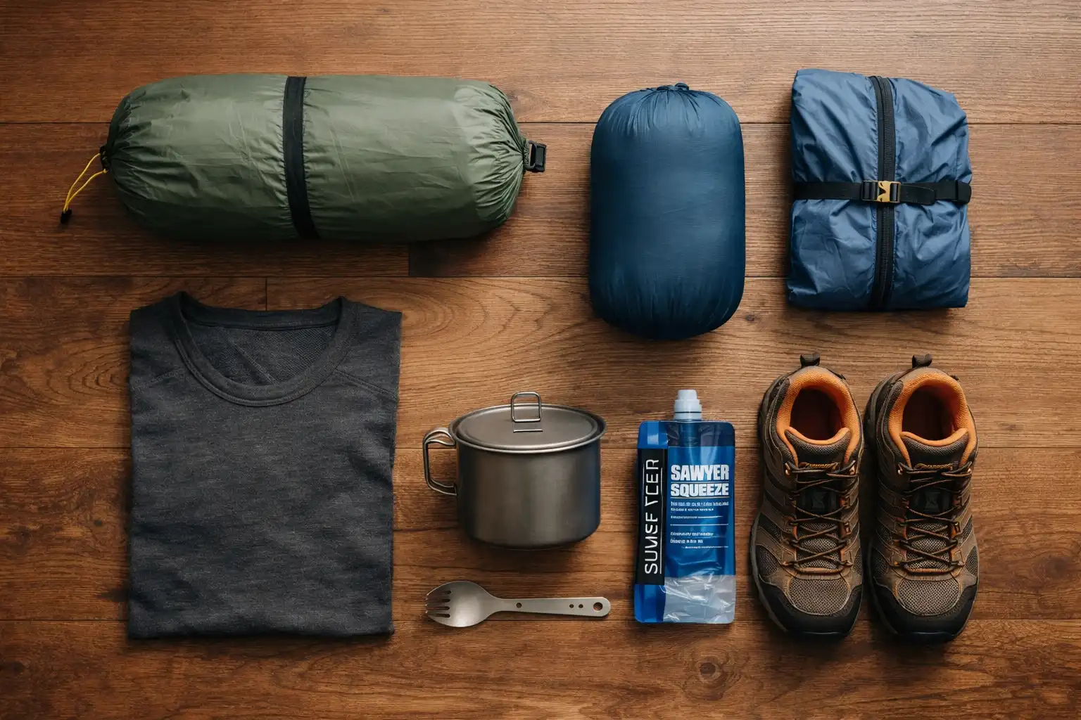 complete ultralight camping kit spread on floor for carry-on and checked bag packing