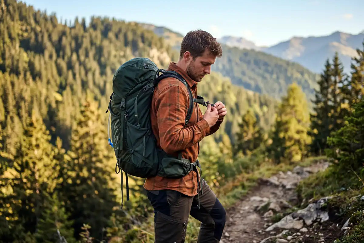 hiker pulling load lifter straps on a backpack to a 45 degree angle