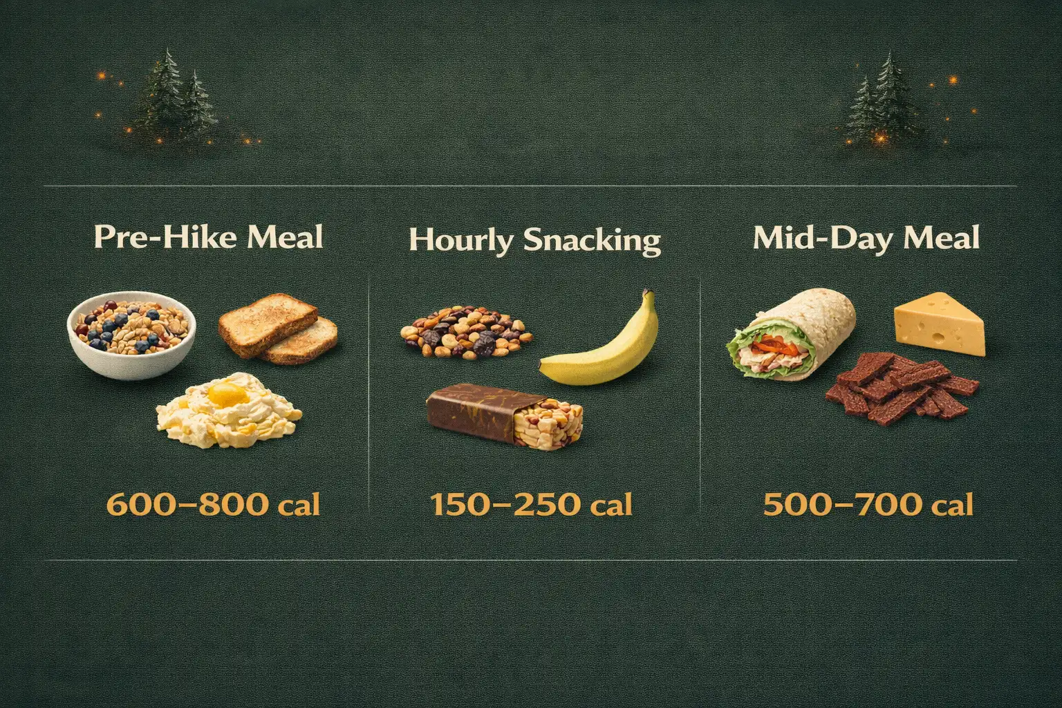 infographic about calorie breakdown for pre hike meal snacks and mid day food on a long hike