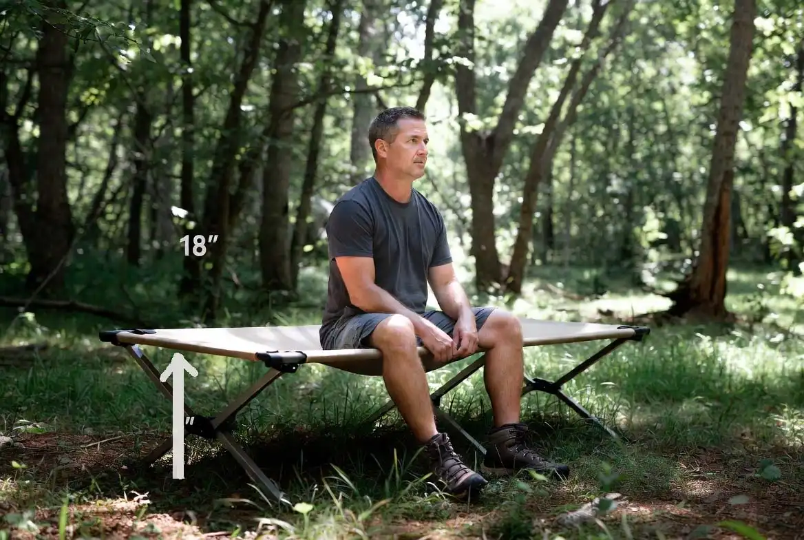 camper sitting upright on cot edge at proper height off ground