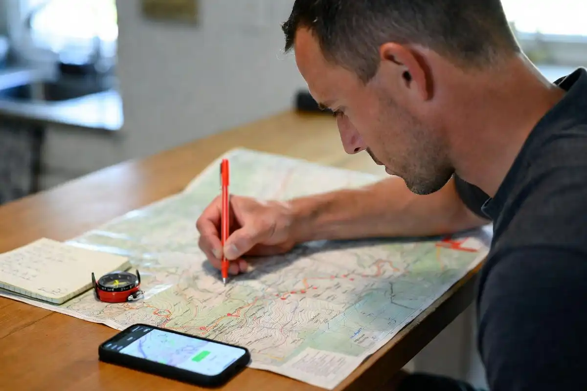 hiker marking route junctions on topographic map with compass on table