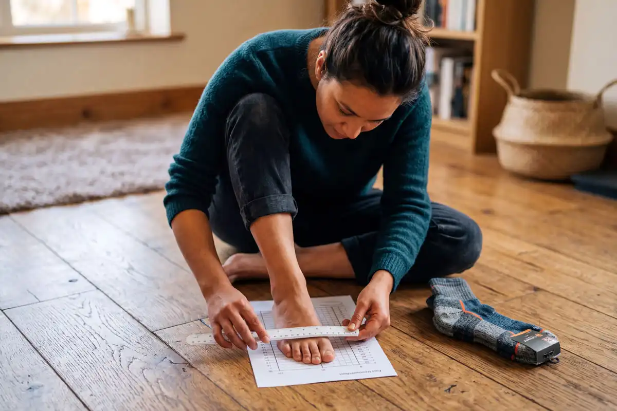 Female hiker measuring foot width with ruler and hiking socks on