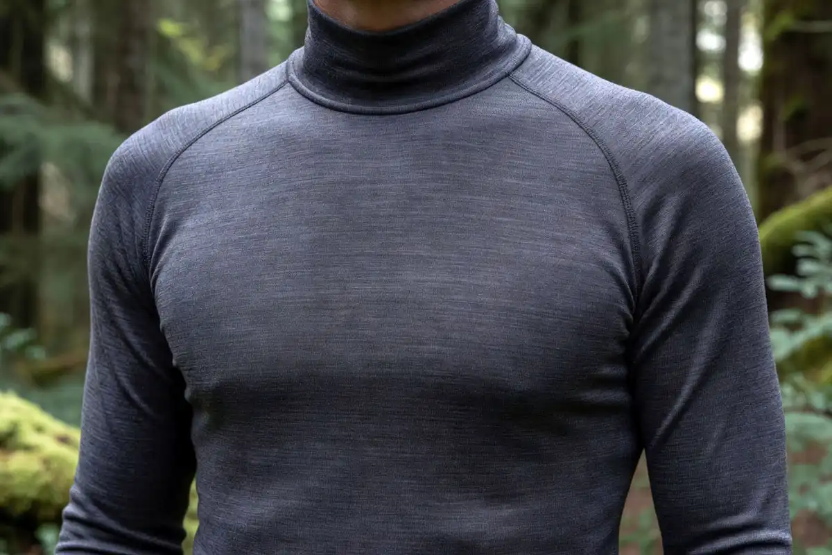 merino wool long sleeve base layer worn by hiker