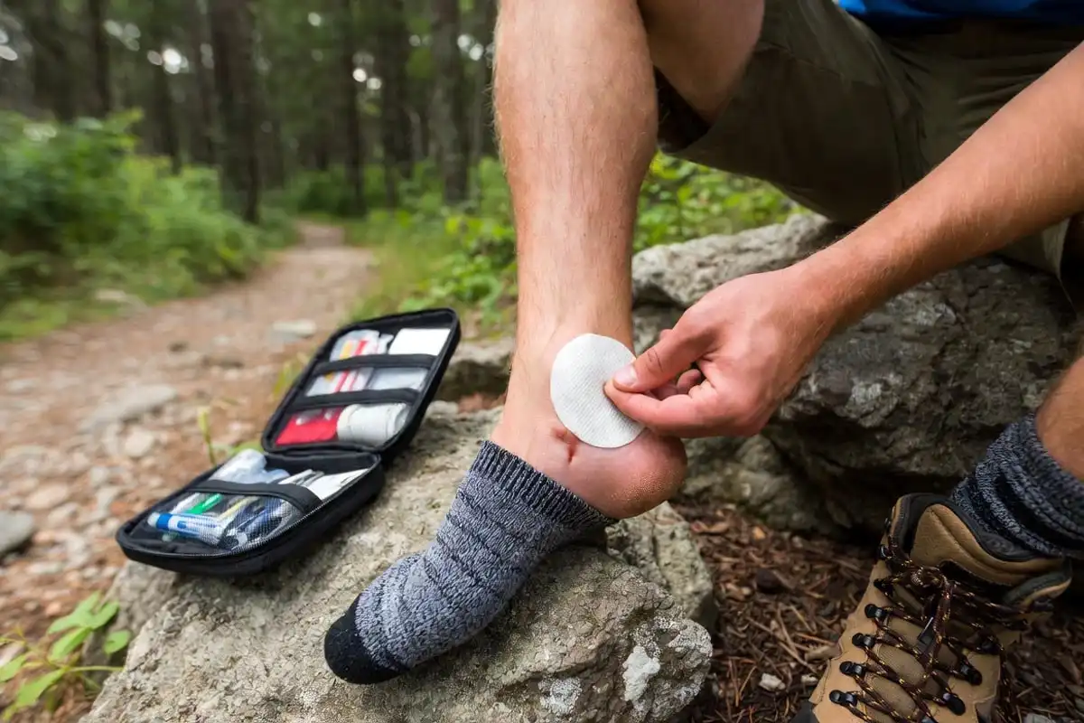 applying moleskin blister tape to heel during a trail hike