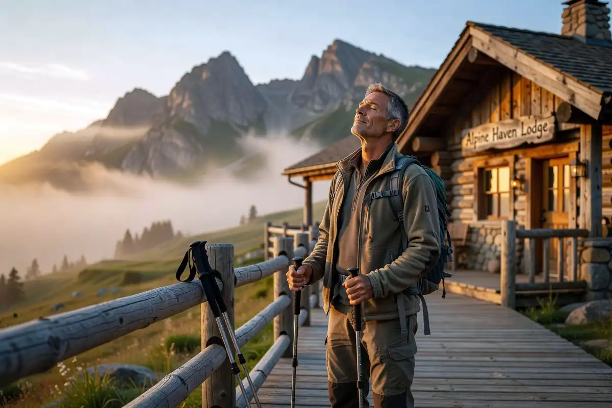 hiker standing outdoors in early morning sunlight at a mountain town after long flight
