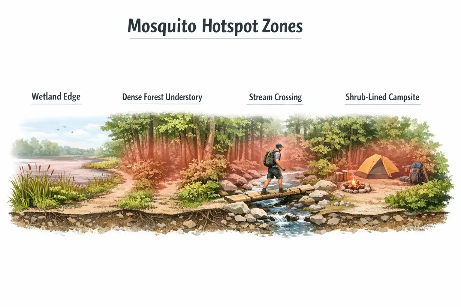 illustrated trail cross-section showing wetland bog stream and dense canopy mosquito zones