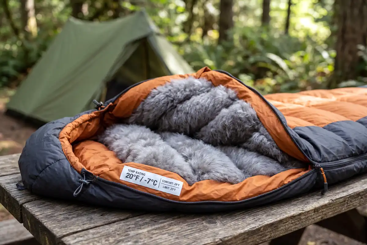 mummy style down sleeping bag with temperature rating label for cold night camping