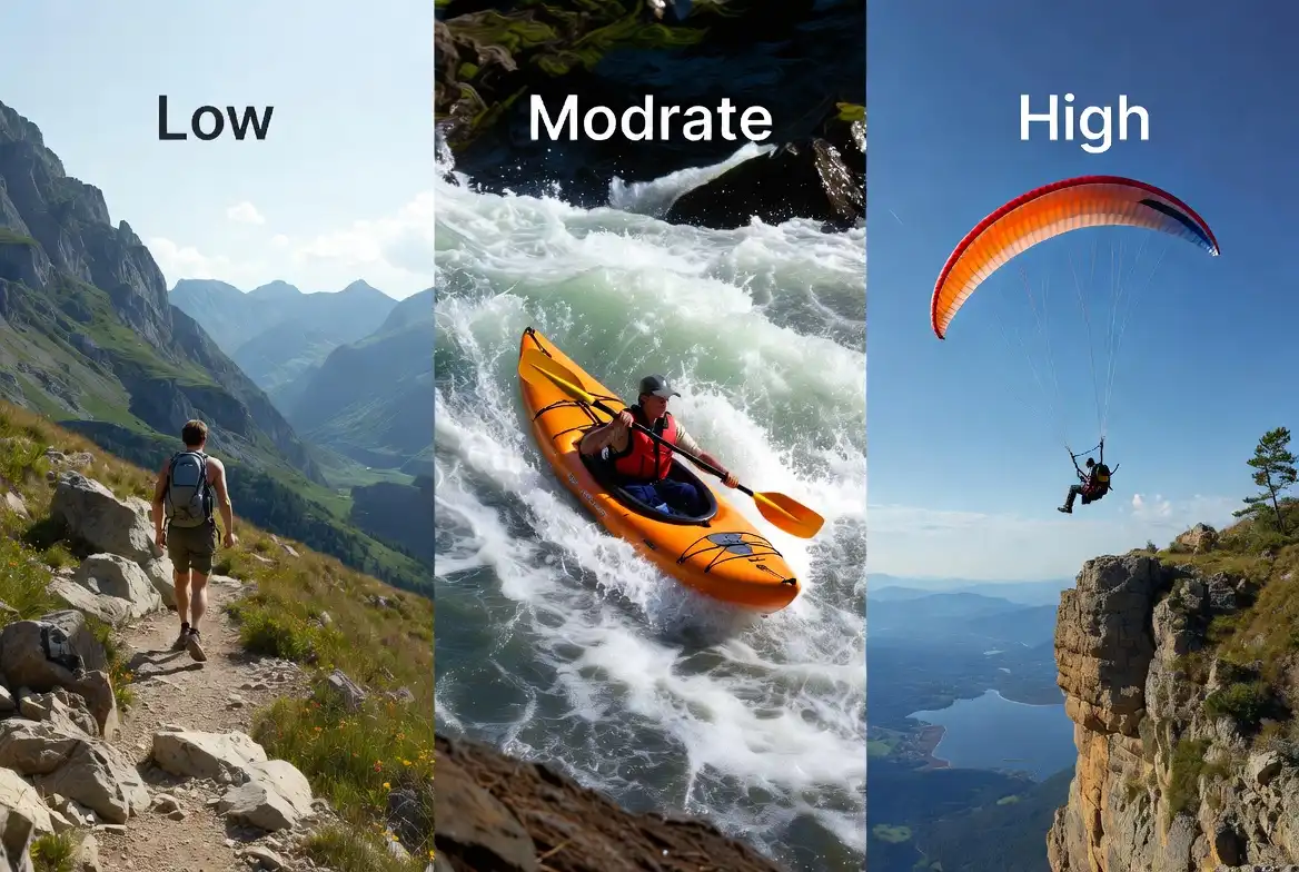 three outdoor activity risk levels side by side hiking climbing skydiving
