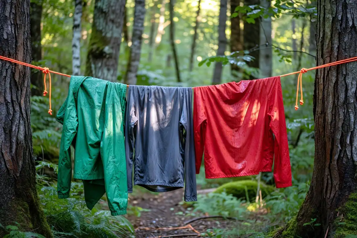 Wet camping clothes and rain jacket hanging flat on a paracord line between two trees