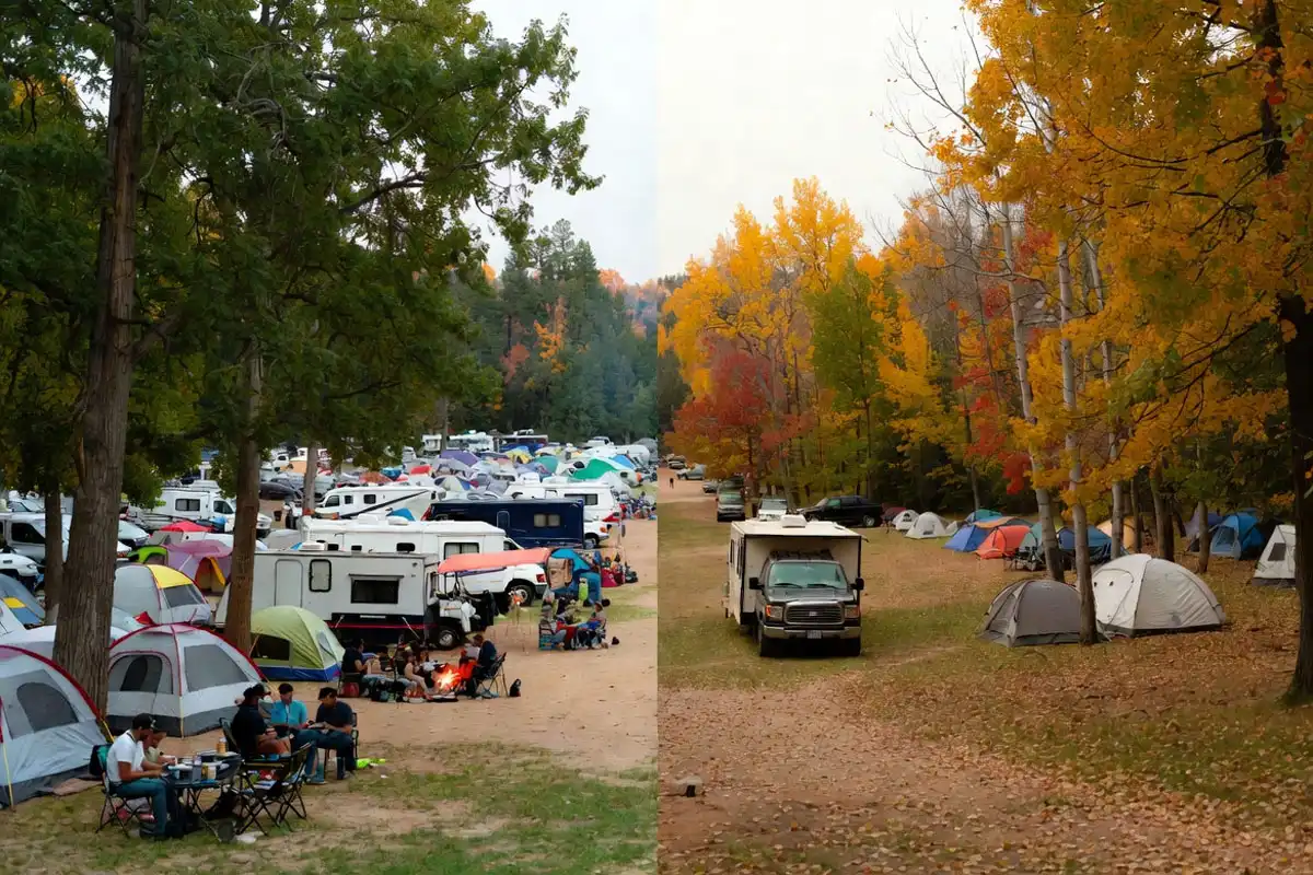 crowded campground in summer compared to quiet campground in early fall