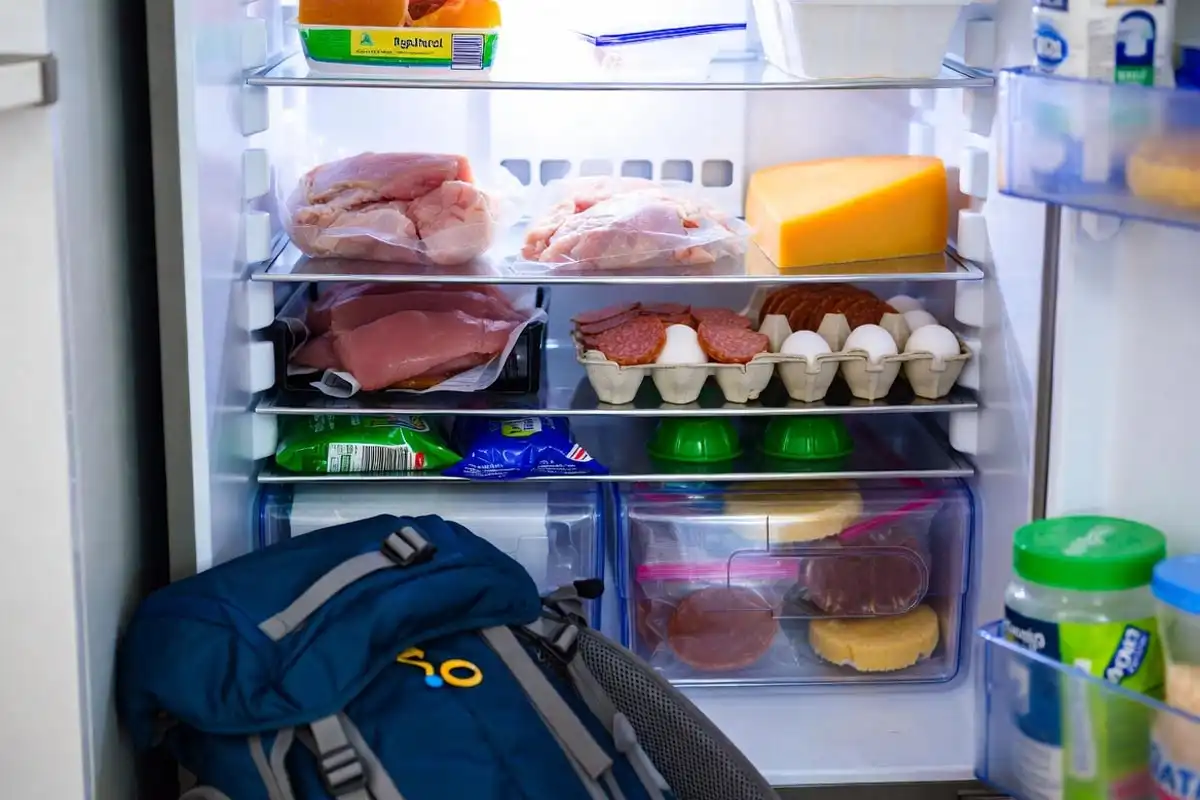 neatly organized camping food items pre chilling inside a refrigerator