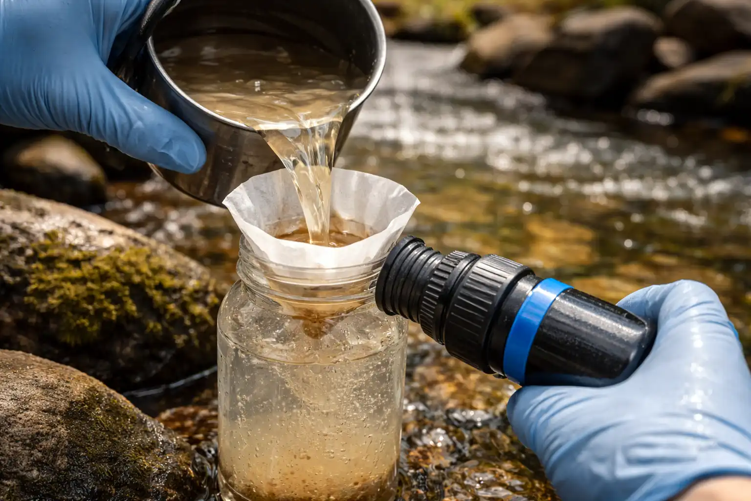 pouring silty water through coffee filter before squeezing