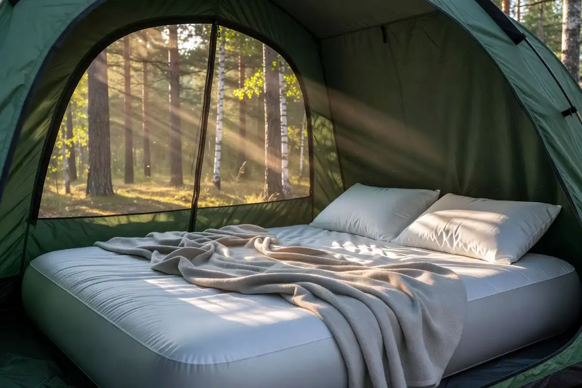 Fully inflated Queen air mattress inside a large cabin tent at a Forest campsite