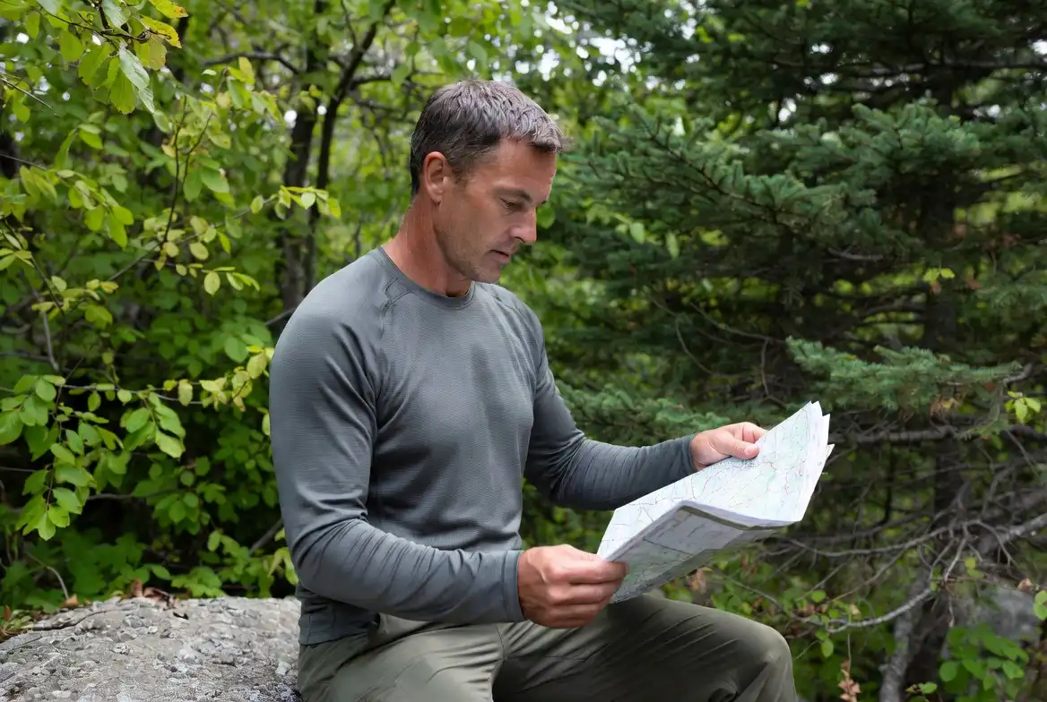 man sitting on a rock reading a paper trail map in the forest