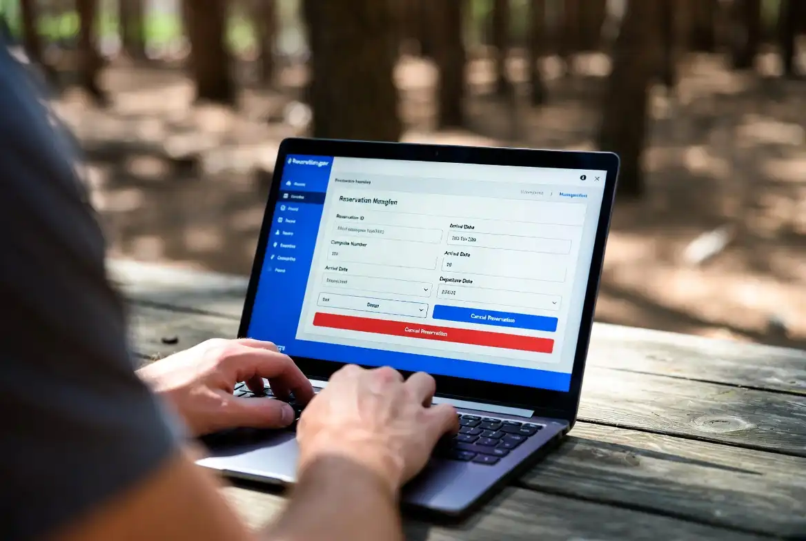 person canceling a campsite booking on laptop outdoors at picnic table