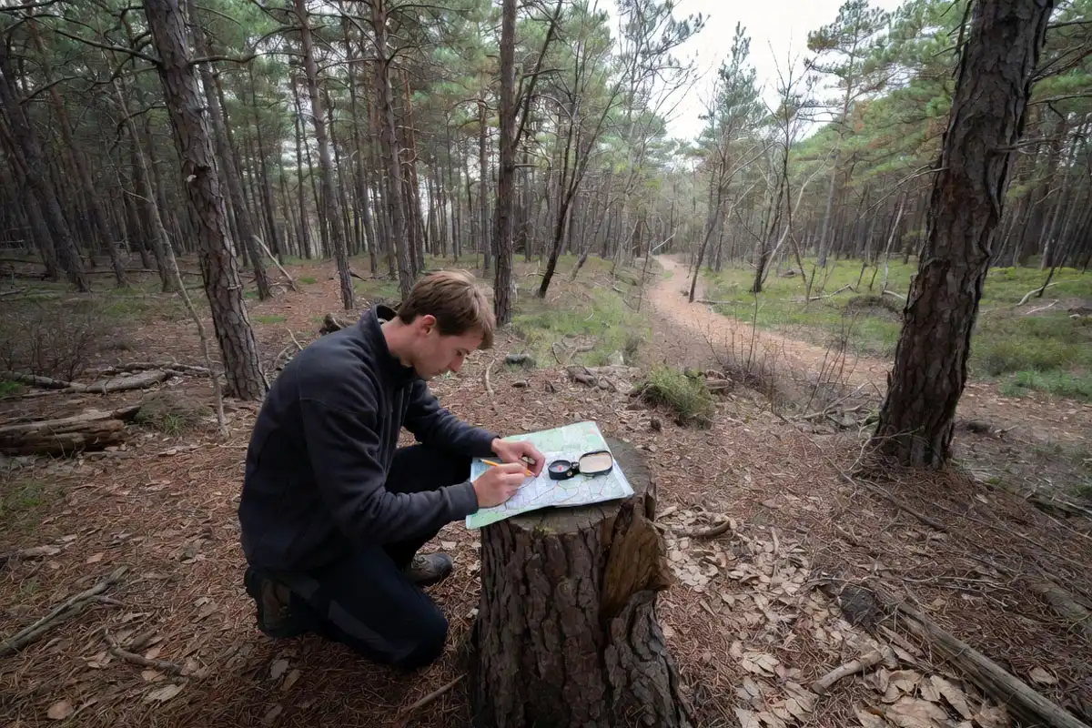 hiker marking last known point on map at a forest junction