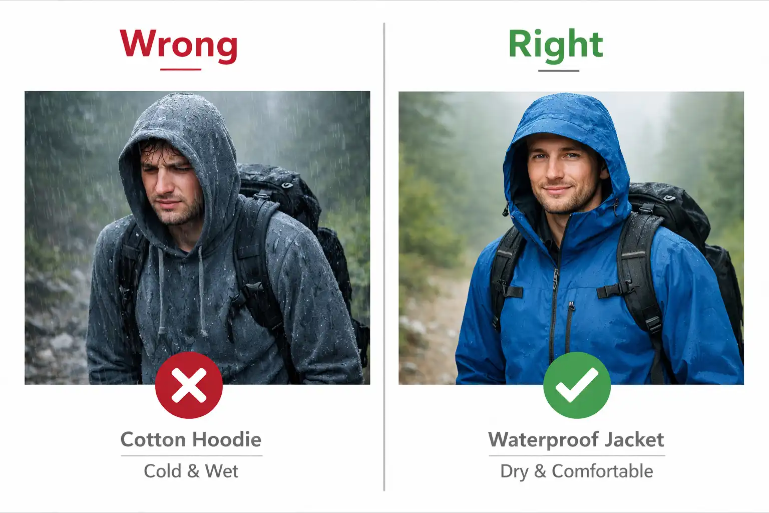 comparison of wrong cotton versus correct waterproof jacket for rainy hiking