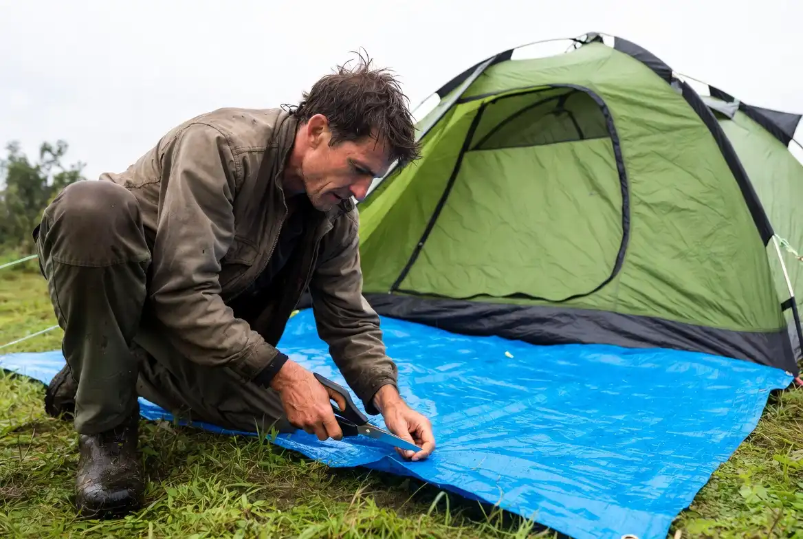 amper cutting tarp two inches smaller than tent perimeter outdoors