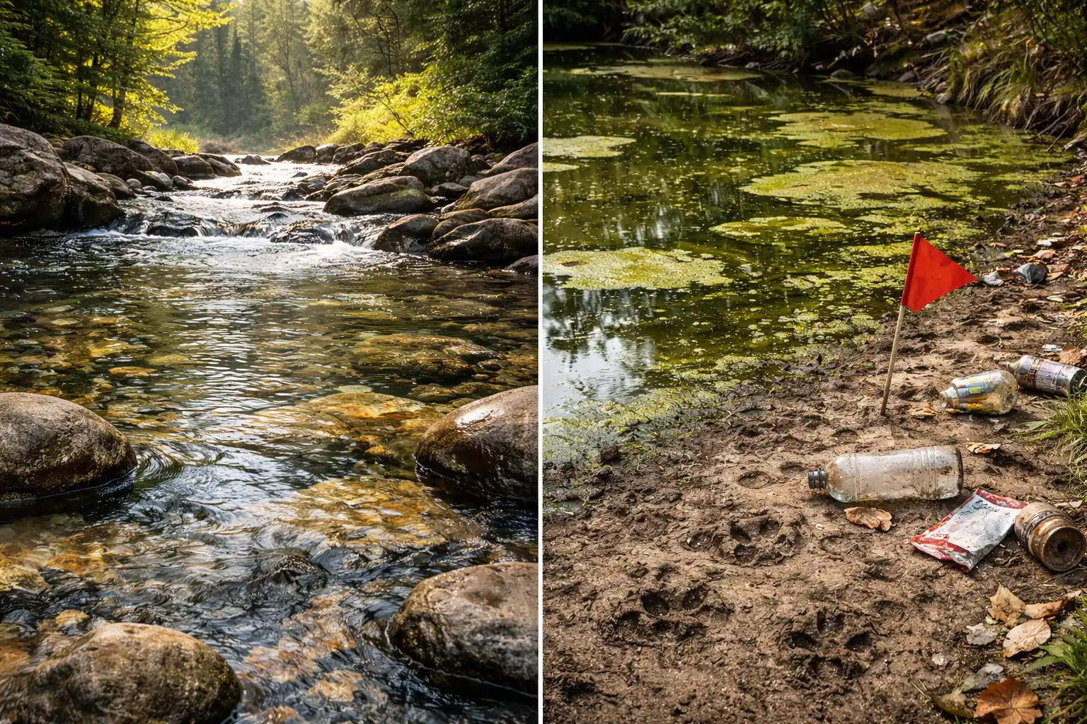 clear creek compared with stagnant algae pond