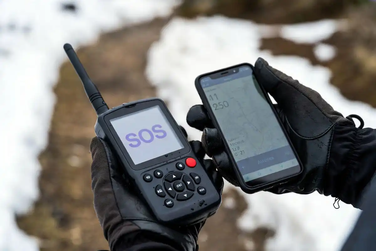 gloved hands activating SOS and checking GPS coordinates