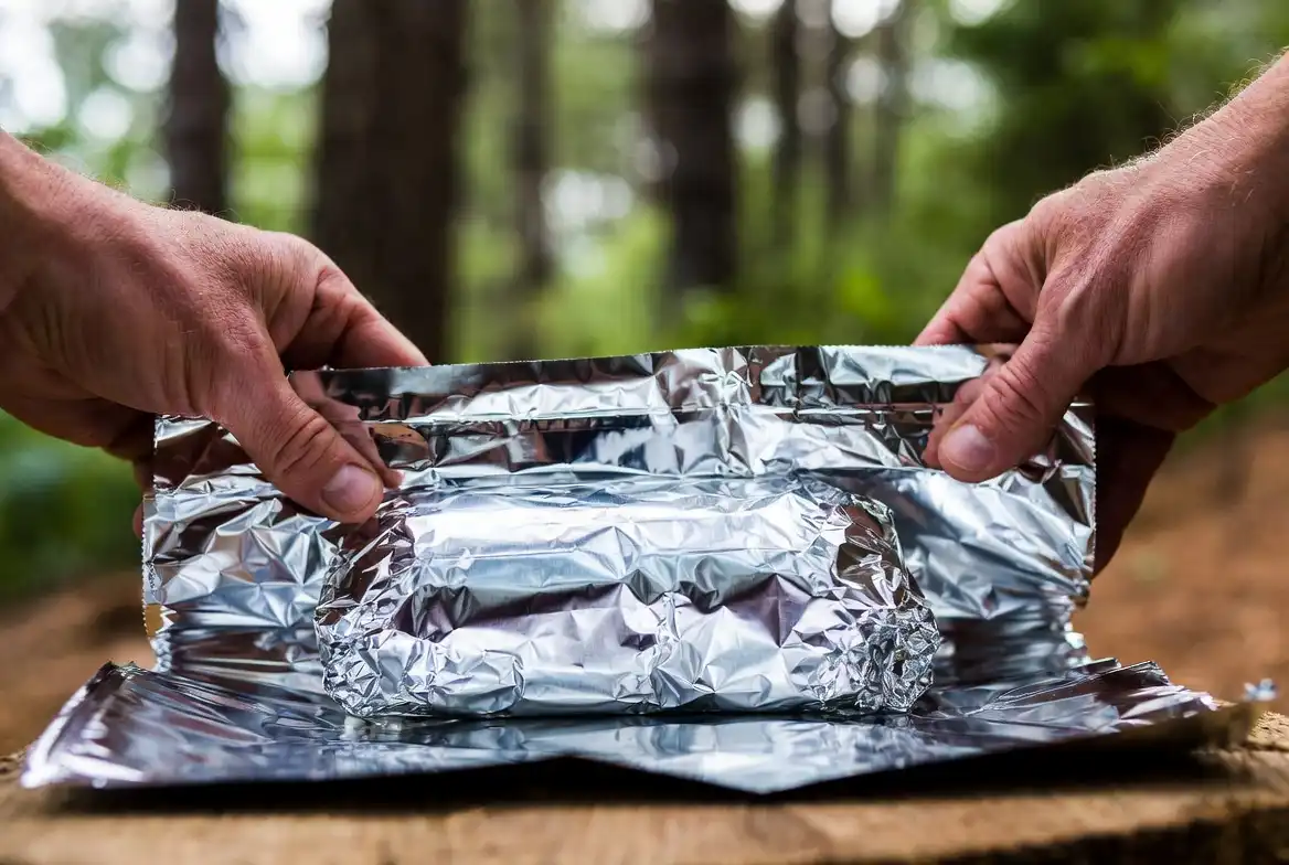 Camper folding and rolling aluminum foil edges to seal a campfire packet with visible air pocket